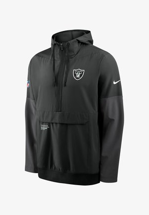 Chaqueta negra con capucha y diseño de media cremallera. Presenta mangas grises, un bolsillo delantero y el logo de los NFL Las Vegas Raiders en el pecho.