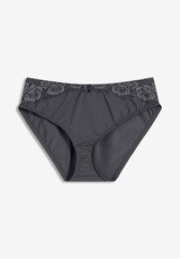Intimo donna grigio con bordo in pizzo floreale in vita, caratterizzato da un tessuto liscio e elastico e cuciture arricciate per una vestibilità ottimale.