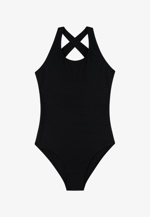 Zwarte textuur badpak met gekruiste schouderbandjes en hoog uitgesneden pijpopeningen, afgebeeld op een witte achtergrond.