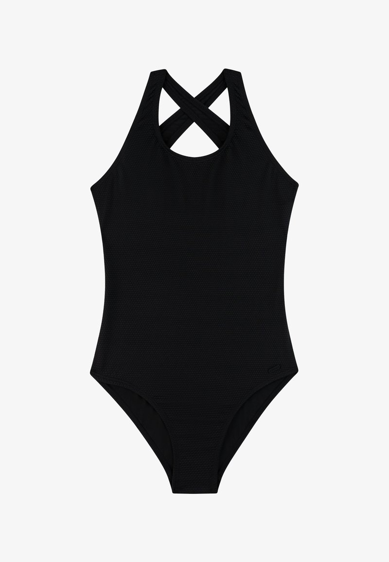 Schwarzer, strukturierter Einteiler-Badeanzug mit gekreuzten Schulterriemen und hoch geschnittenen Beinausschnitten, auf weißem Hintergrund dargestellt.