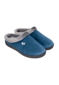 Zapatillas de ante azul con forro de piel sintética gris, de talón abierto y suela de goma negra; presentan un pequeño detalle de logo en el lateral.