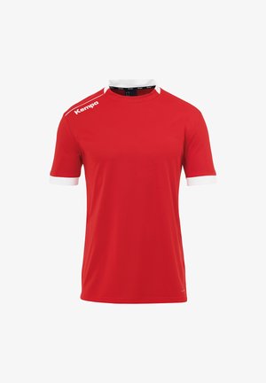 Rode sporttrui van gladde stof, met een witte kraag en accenten op de mouwen. Merkenlogo in het wit op de linkerschouder.