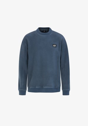 Blauwe fleece sweatshirt met een ronde halslijn, lange mouwen en ribgebreide manchetten. Heeft een klein rechthoekig logo-embleem op de borst.