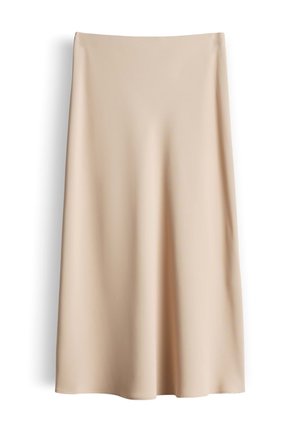 Gonna midi beige a vita alta con tessuto liscio e fluido e una leggera svasatura, mostrata su sfondo bianco.