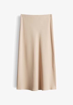 Gonna midi beige a vita alta con tessuto liscio e fluido e una leggera svasatura, mostrata su sfondo bianco.