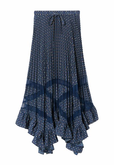 Gonna plissettata blu navy con orlo a volant, caratterizzata da un motivo floreale geometrico in verde chiaro e crema. Dettaglio in vita con lacci.