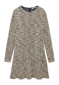 Robe à manches longues en tissu texturé noir et beige, avec un haut ajusté et un ourlet évasé, un col rond et une fermeture éclair au dos.