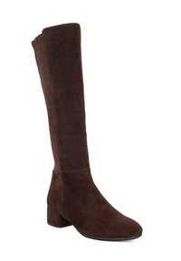 Dark brown suede knee-high boot with low block heel and rounded toe, no visible closures or embellishments.