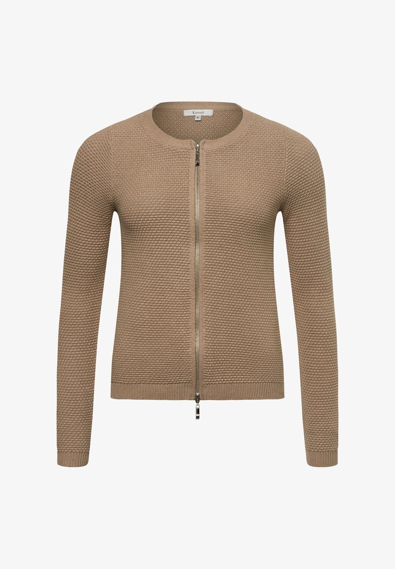 Beige gestrickte Strickjacke mit rundem Halsausschnitt, durchgehendem Reißverschluss und gerippten Bündchen und Saum. Strukturiertes Muster über den gesamten Körper.