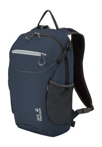 Sac à dos Jack Wolfskin bleu marine avec poche zippée à l'avant, deux poches latérales en mesh, bretelles rembourrées et poignée de transport supérieure.