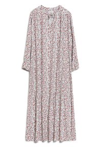 Robe à imprimé floral avec un décolleté en V, des manches longues et une silhouette fluide. Principalement blanche avec de petits motifs floraux rouges et bleus.