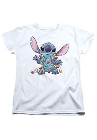 White short-sleeve t-shirt featuring a cartoon character with blue skin and large ears, adorned with colorful Christmas lights.