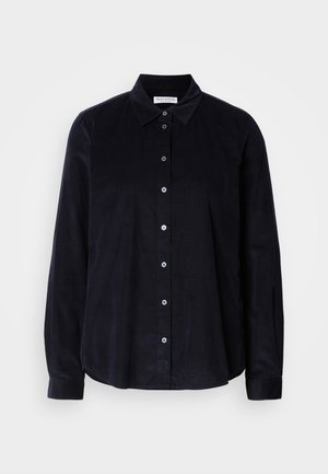 Dark navy button-up shirt made of smooth fabric, featuring a classic collar, long sleeves, and subtle front pleats for added detail.