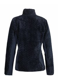 Granatowa kurtka z teksturowanym ciałem z polarowego materiału w wzór chevron oraz gładkimi bocznymi panelami, z wysokim kołnierzem i zamykanymi na zamek kieszeniami.