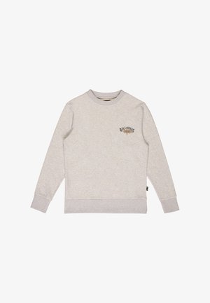 Sweat-shirt gris clair à col rond avec manches longues et petit logo Billabong noir et jaune sur le côté gauche de la poitrine.