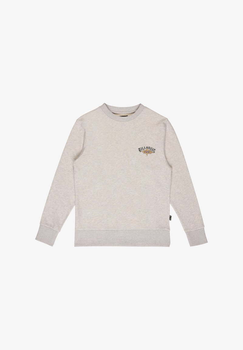 Hellgraues Sweatshirt mit Rundhalsausschnitt, langen Ärmeln und kleinem schwarzem und gelbem Billabong-Logo auf der linken Brust.