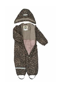 Leopard print snowsuit with a zip closure, gray fleece lining, elastic cuffs, and foot straps. Features a detachable hood. Multi-colored accents.