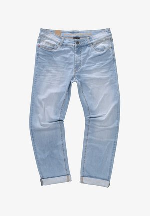 Jeans de mezclilla azul claro con un diseño de pierna recta. Incluye puños doblados, textura desgastada y bolsillos frontales con remaches.