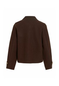 Veste marron à manches longues avec un col et des poignets boutonnés, vue de dos sur fond blanc.