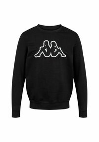 Zwarte sweatshirt met een witte afbeelding van twee abstracte figuren die rug aan rug zitten. Gemaakt van zachte, rekbare stof met een ronde hals.