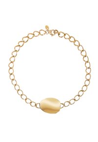 Collar de cadena de oro con eslabones ovalados irregulares y un colgante abstracto de oro liso en el centro, cierre de gancho visible.