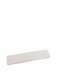 Caja rectangular blanca con acabado mate, que presenta la palabra "amor" en letras doradas centradas en la parte frontal. Textura suave, diseño minimalista.