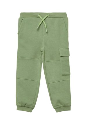 Lichtgroene joggingbroek voor kinderen met elastische manchetten, taille met trekkoord, voorkantzakken en een klepzak op de rechterpijp.