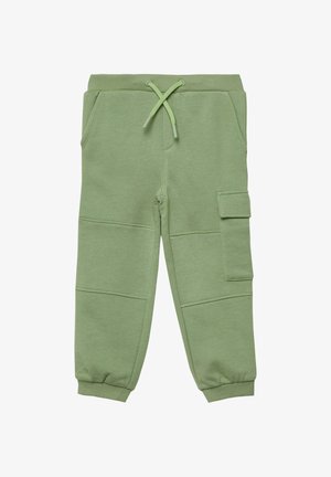 Lichtgroene joggingbroek voor kinderen met elastische manchetten, taille met trekkoord, voorkantzakken en een klepzak op de rechterpijp.