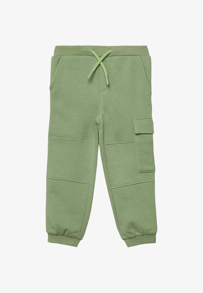 Pantalon de jogging pour enfants de couleur vert clair, avec poignets élastiques, taille avec cordon de serrage, poches avant et une poche cargo à rabat sur la jambe droite.