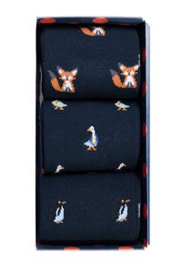 Katoenen sokken in een marineblauwe kleur met patronen van een vos, een eend en een pinguïn, verpakt in een doos met rode stippen. De textuur van de stof lijkt zacht te zijn.