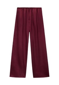 Pantaloni larghi bordeaux in tessuto satinato, con vita elastica e una consistenza liscia e fluida.