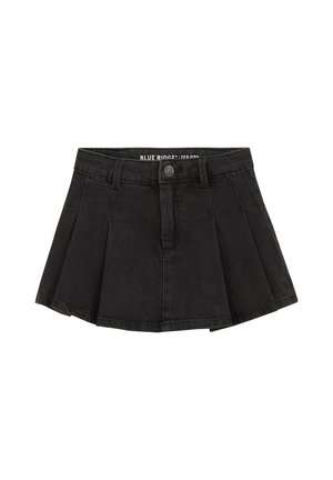 Zwarte geplooide denim minirok met ceintuurlussen, knoop aan de voorkant en ritssluiting, gelabeld Blue Ridge maat 122/128.