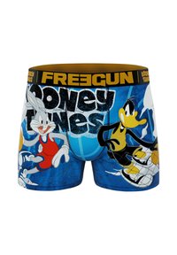 Boxer shorts bleus avec des personnages des Looney Tunes, Bugs Bunny et Daffy Duck. Tissu doux, taille élastique avec la marque "FREEGUN".