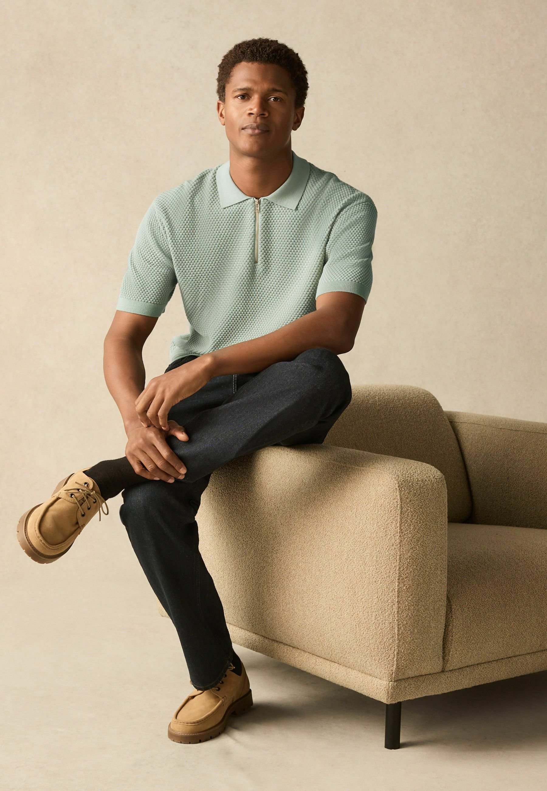 Next TEXTURED SHORT SLEEVE ZIP - Polo shirt - light green/green