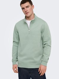 Mann trägt einen hellgrünen Pullover mit Viertel-Reißverschluss über einem weißen Hemd und dunkelblauen Jeans, steht vor einem schlichten hellen Hintergrund.