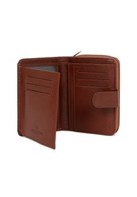 Portafoglio in pelle marrone con una finitura strutturata, dotato di più slot per carte, di una tasca per monete e di una chiusura a scatto per una conservazione sicura.