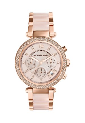 Michael Kors ur i rosaguld-tone med krystal-krans, tre subdialer, datovindue og ledet metal- og acetatarmbånd.