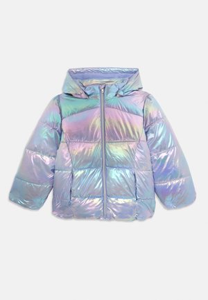 Veste rembourrée irisée avec capuche, dotée d'une fermeture éclair à l'avant, d'un design matelassé volumineux et de manches surdimensionnées dans des teintes pastel.