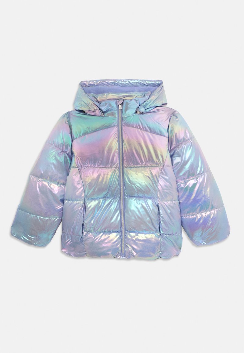 Giacca a petroliere iridescente con cappuccio, dotata di zip frontale, design trapuntato e maniche oversize in tonalità pastello.