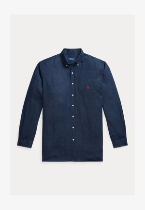 Navy blue linen long-sleeve shirt with a button-down collar, featuring white buttons and a small red embroidered logo on the left chest.