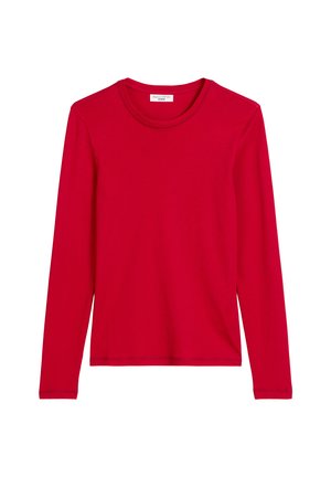 Chandail rouge à manches longues en coton lisse. Il présente un col rond et un design simple, sans motifs ni accents matériels.