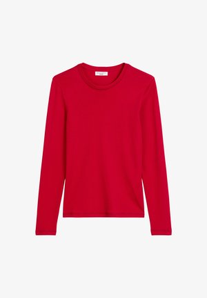 Camisa vermelha de manga longa feita de algodão suave. Apresenta um decote redondo e um design simples, sem padrões ou detalhes em metal.