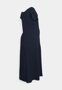 Vestido azul-marinho feito de tecido macio, com mangas curtas, decote arredondado e barra franzida para uma silhueta fluida.