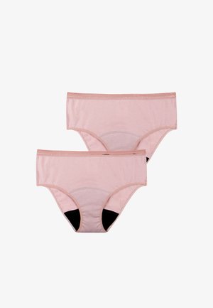 Deux culottes pour femmes en coton rose clair avec des ceintures en dentelle et des goussets noirs, posées à plat sur un fond blanc.