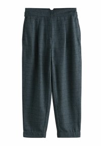 Dark gray plaid trousers with a loose fit, pleats at the front, and a smooth fabric texture. Features a waistband with belt loops.