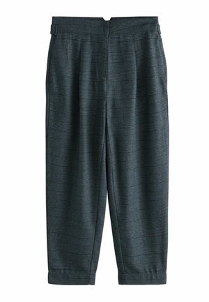 Dark gray plaid trousers with a loose fit, pleats at the front, and a smooth fabric texture. Features a waistband with belt loops.