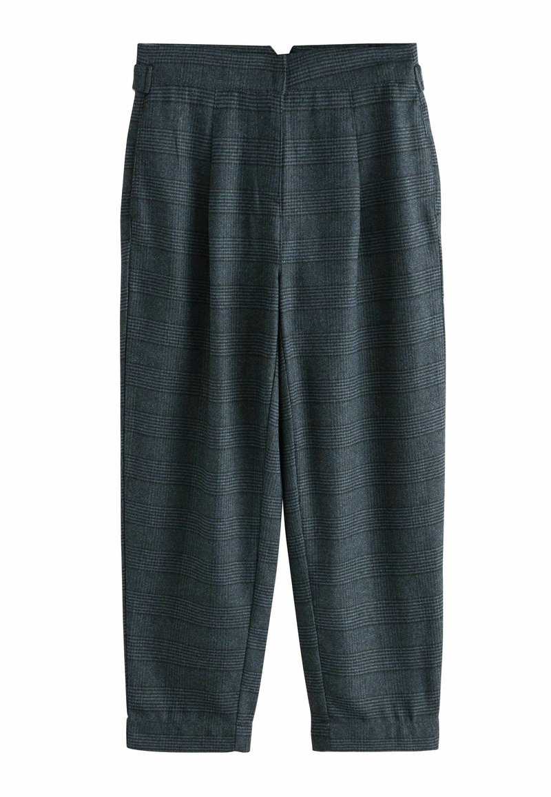 Dark gray plaid trousers with a loose fit, pleats at the front, and a smooth fabric texture. Features a waistband with belt loops.