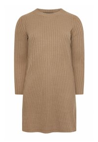 Sukienka dzianinowa w ciepłym odcieniu beżu, z prążkowaną fakturą, długimi rękawami i okrągłym dekoltem, sięgająca do połowy uda.