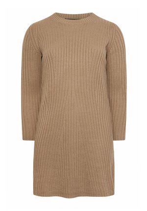 Vestido de punto en un cálido color beige con textura de canalé, mangas largas y escote redondo, que llega hasta la mitad del muslo.