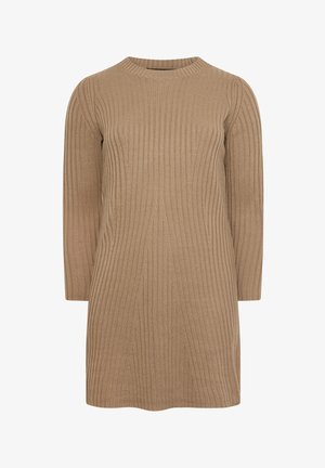 Abito a maglia di un caldo colore beige con texture a coste, maniche lunghe e scollatura rotonda, che arriva fino a metà coscia.